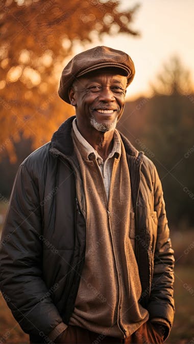 Homem negro feliz sorridente sorriso feliz blusa com chapeu ao por do sol primavera
