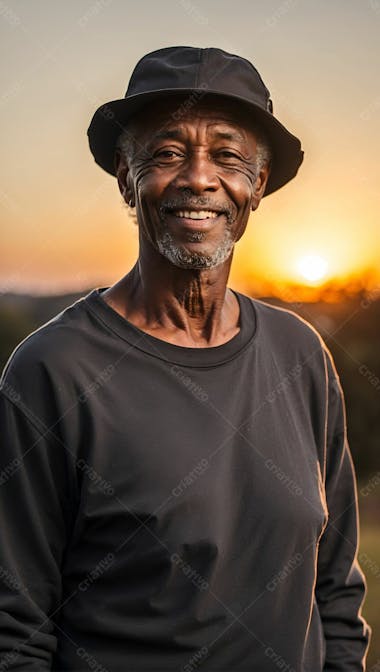 Homem negro feliz sorriso sorridente camiseta preta com chapeu ao por do sol