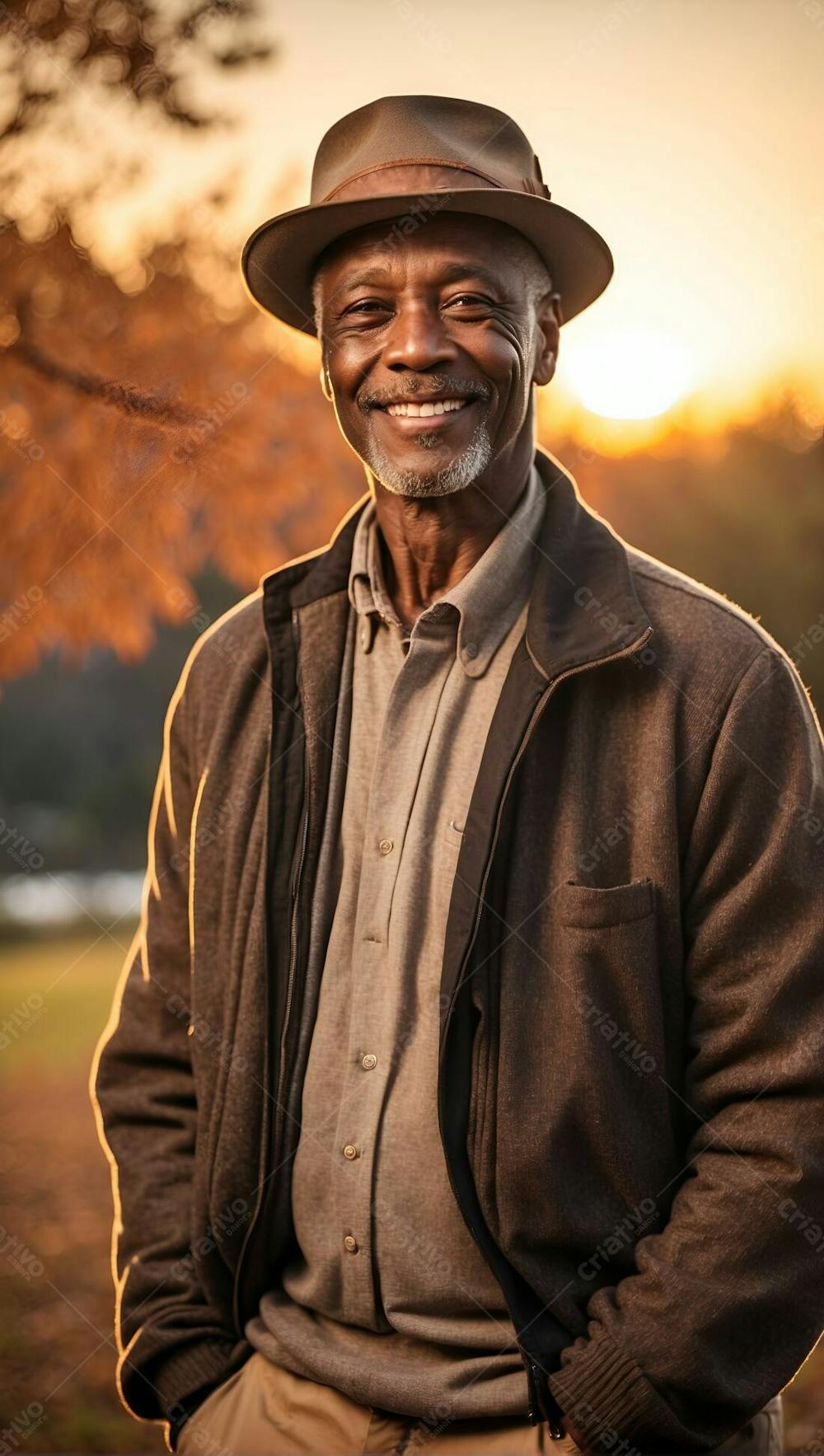 Homem Negro Feliz Sorriso Sorridente De Camisa E Blusa Com Chapeu Ao Por Do Sol Primavera