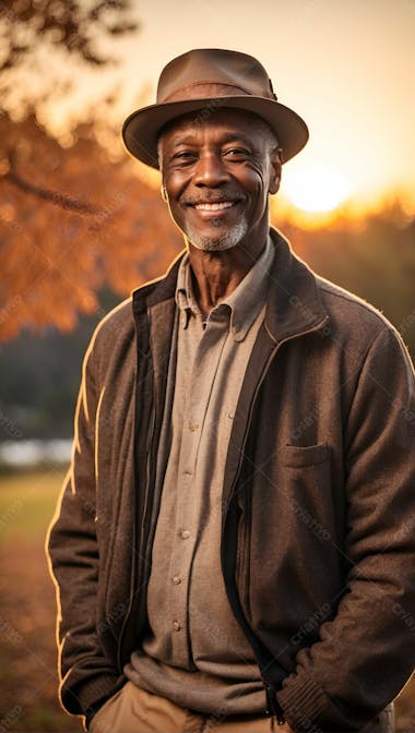 Homem negro feliz sorriso sorridente de camisa e blusa com chapeu ao por do sol primavera