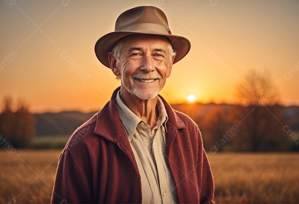 Homem Velho Idoso Feliz Sorridente Sorriso Chápeu Blusa Vermelha Por Do Sol Primavera