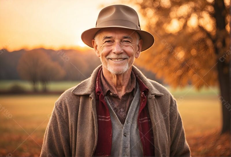 Homem velho idoso feliz sorridente sorriso chápeu com blusa por do sol primavera