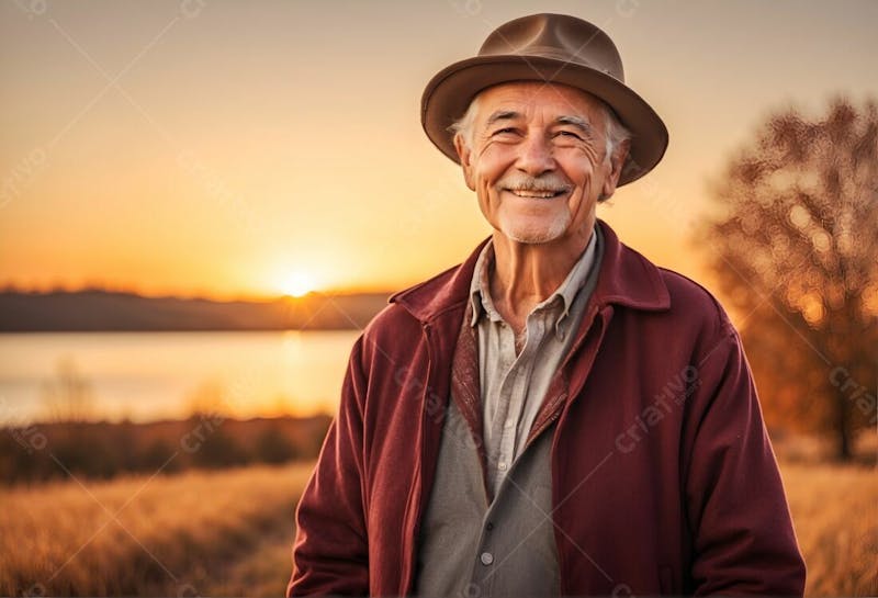 Homem velho idoso feliz sorridente sorriso de chápeu blusa vermelha por do sol primavera