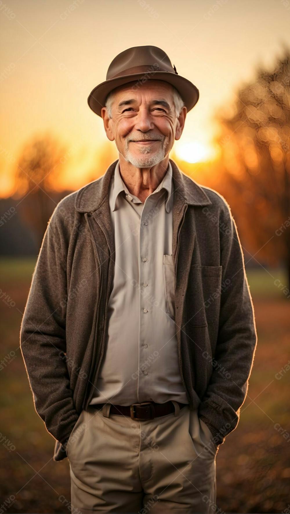 Homem Velho Idoso Feliz Sorridente Sorriso De Chápeu Com Blusa Por Do Sol Primavera