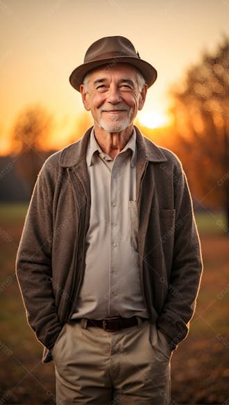 Homem velho idoso feliz sorridente sorriso de chápeu com blusa por do sol primavera