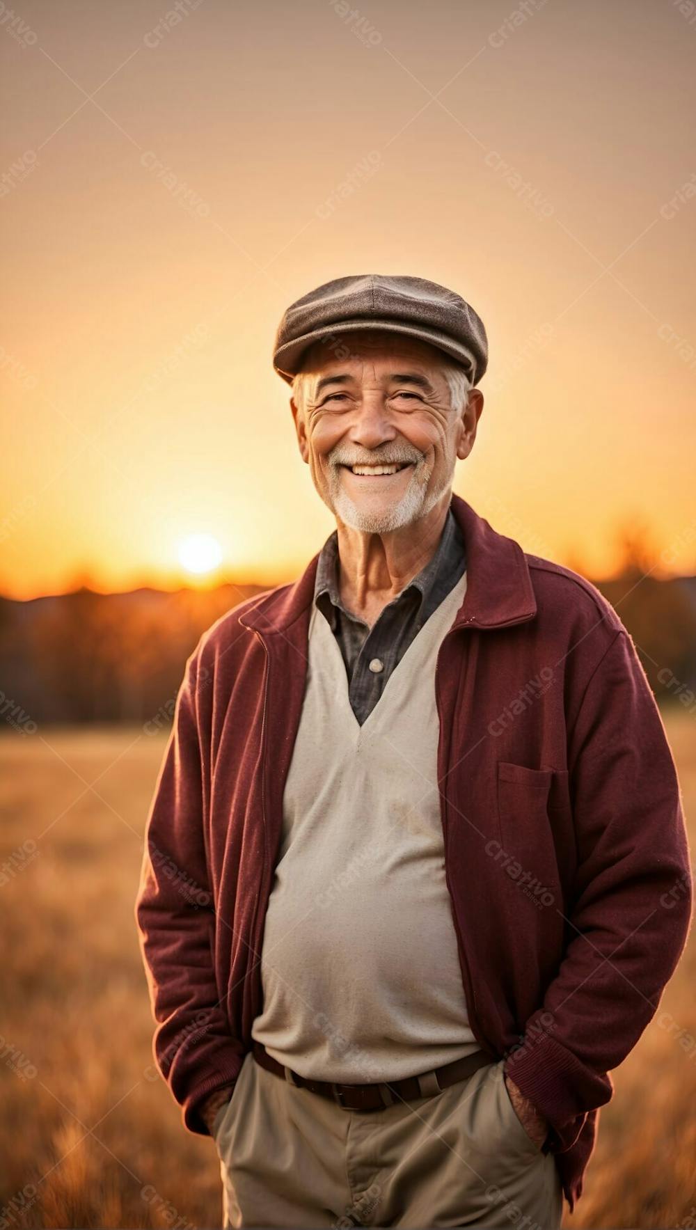 Homem Velho Idoso Feliz Sorridente Sorriso De Chápeu Com Blusa Vermelha Por Do Sol Primavera