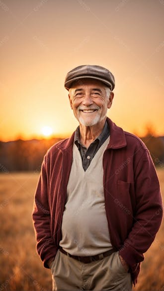 Homem velho idoso feliz sorridente sorriso de chápeu com blusa vermelha por do sol primavera