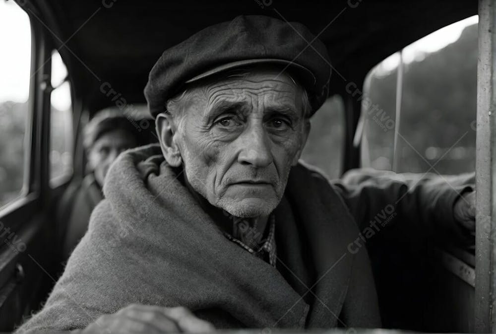 Homem Velho Triste Dentro Do Seu Carro Vintage Preto E Branco