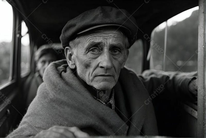 Homem velho triste dentro do seu carro vintage preto e branco