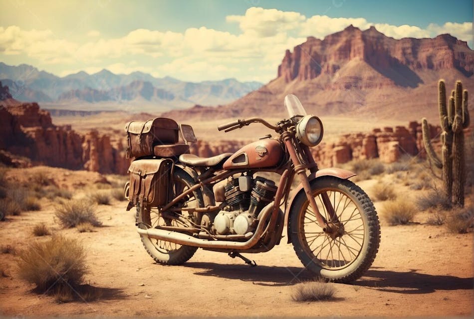 Moto Antiga Vintage No Deserto Do Velho Oeste Sol Viajante Bolsa Motoqueiro