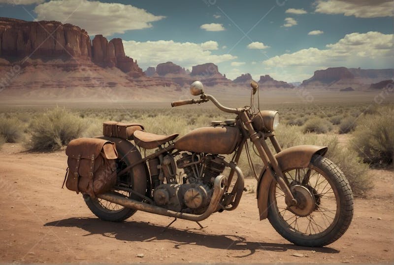 Moto antiga vintage no deserto do velho oeste sol viajante bolsa harley davidson