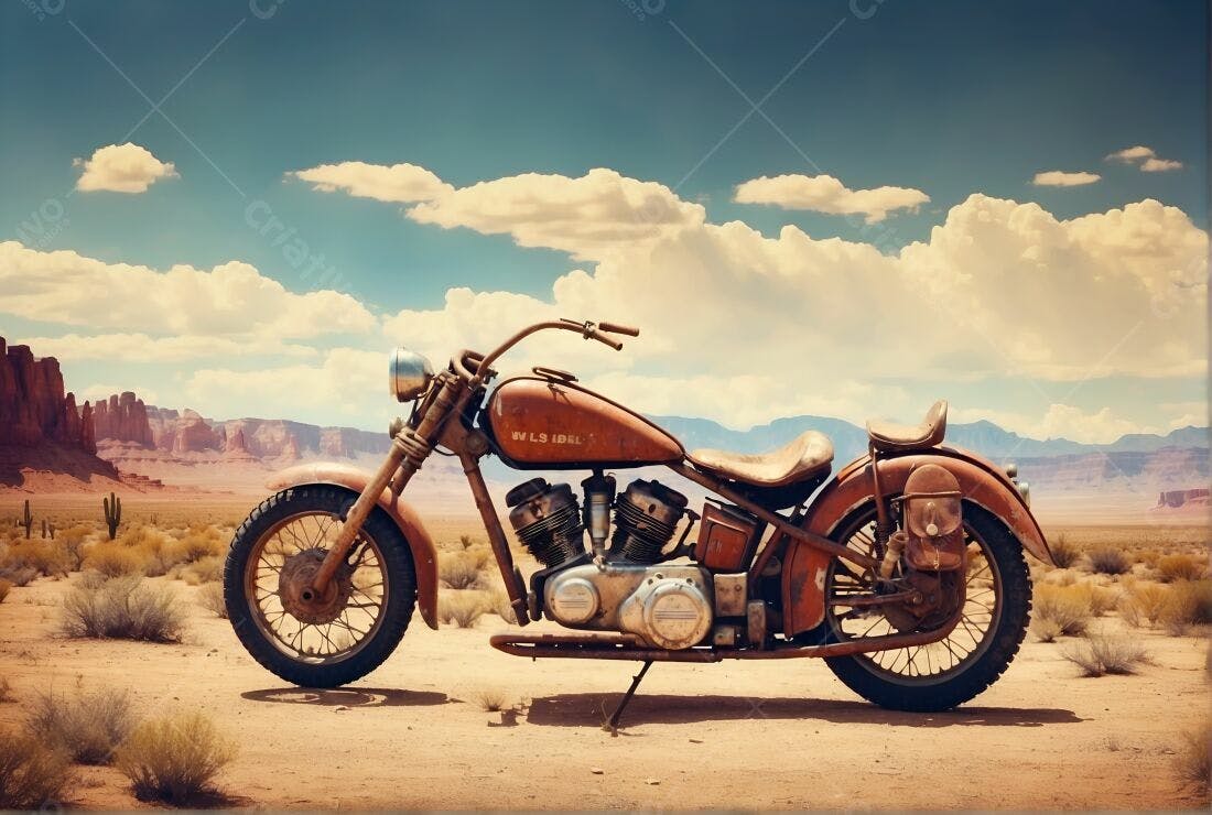 Motocicleta antiga no deserto paisagem árida