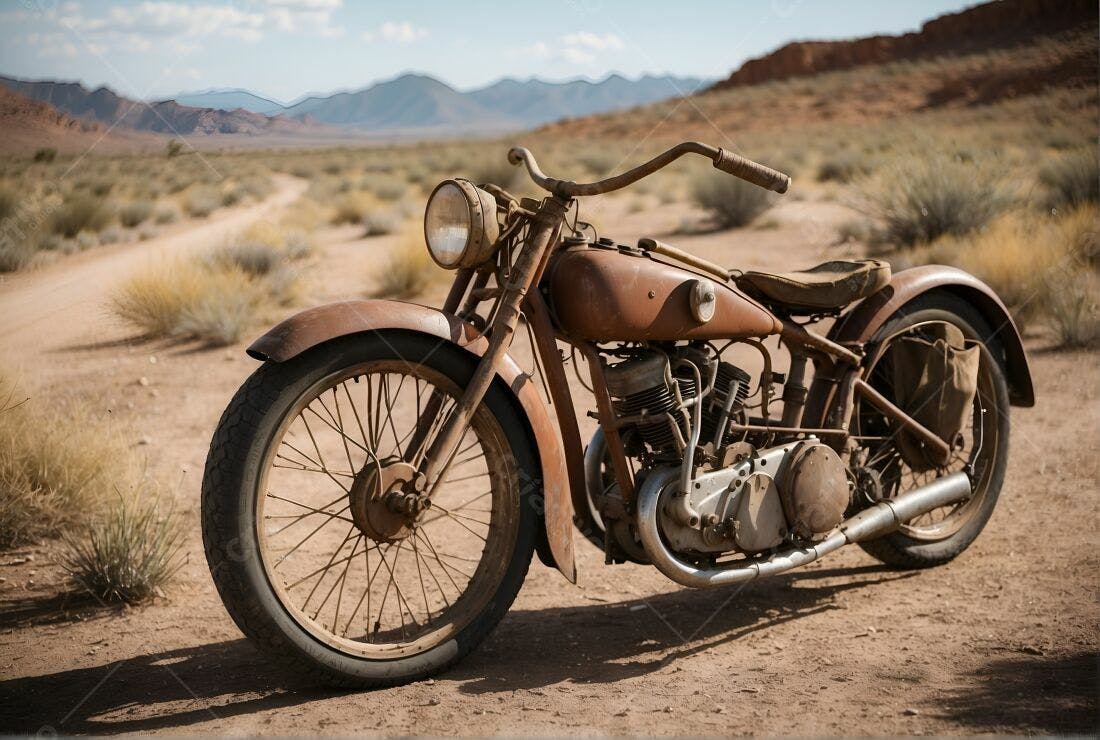 Motocicleta antiga no deserto árido