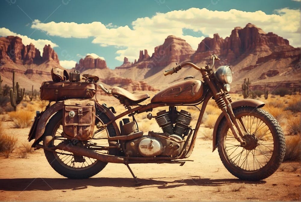 Moto Antiga Vintage No Deserto Do Velho Oeste Viajante Sol Bolsa harley davidson