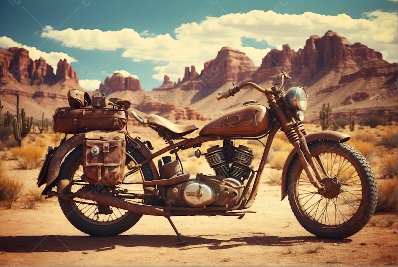 Moto antiga vintage no deserto do velho oeste viajante sol bolsa harley davidson