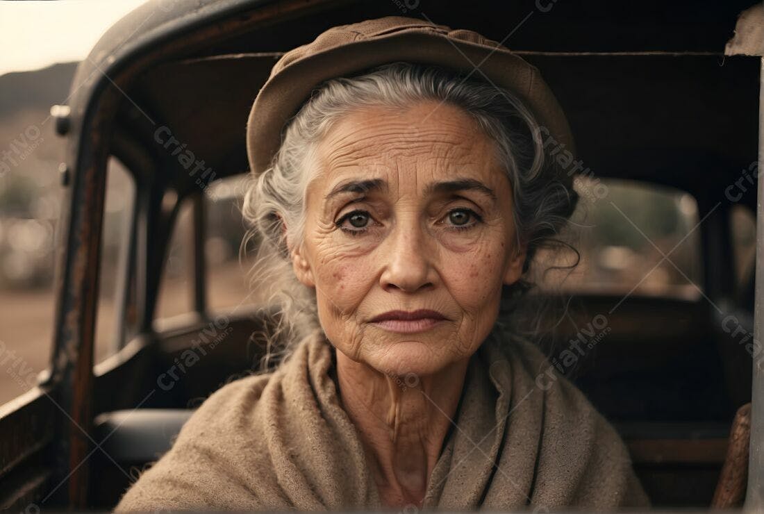 Mulher idosa em carro antigo tons terrosos