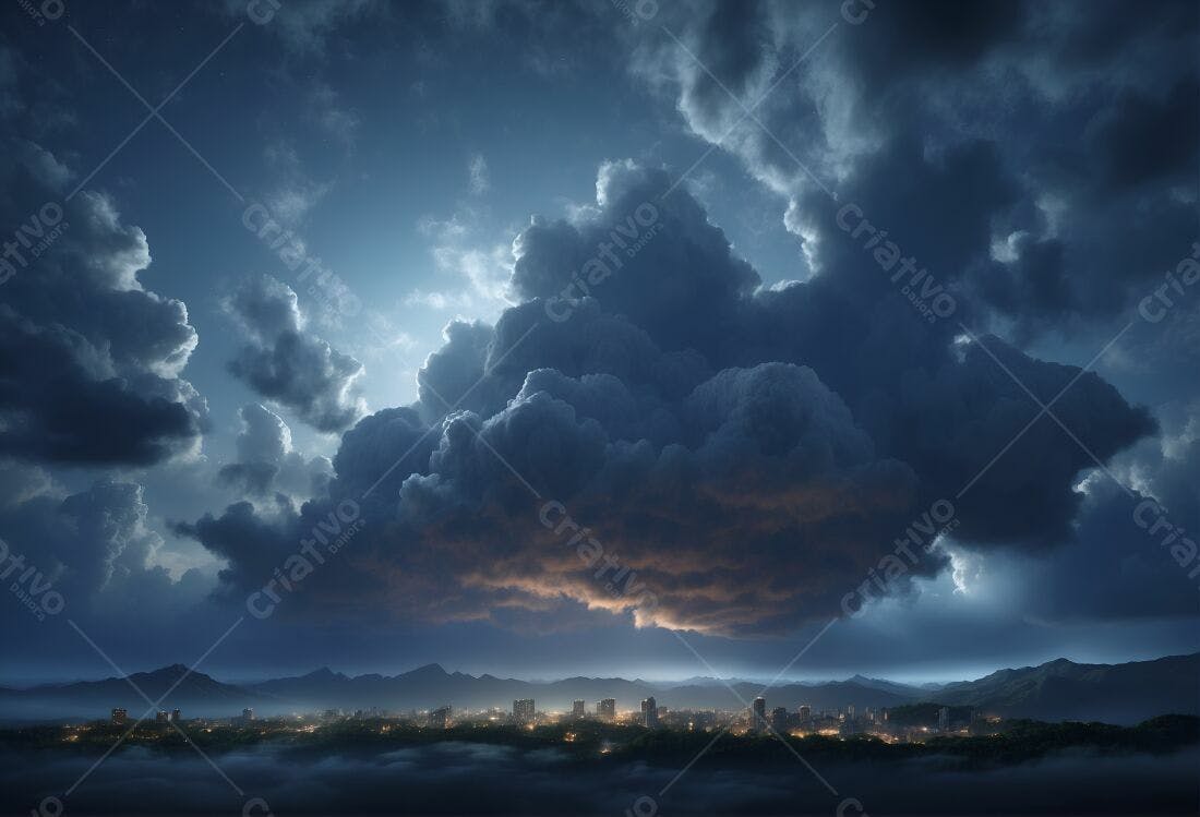 Nuvens escuras sobre cidade noturna