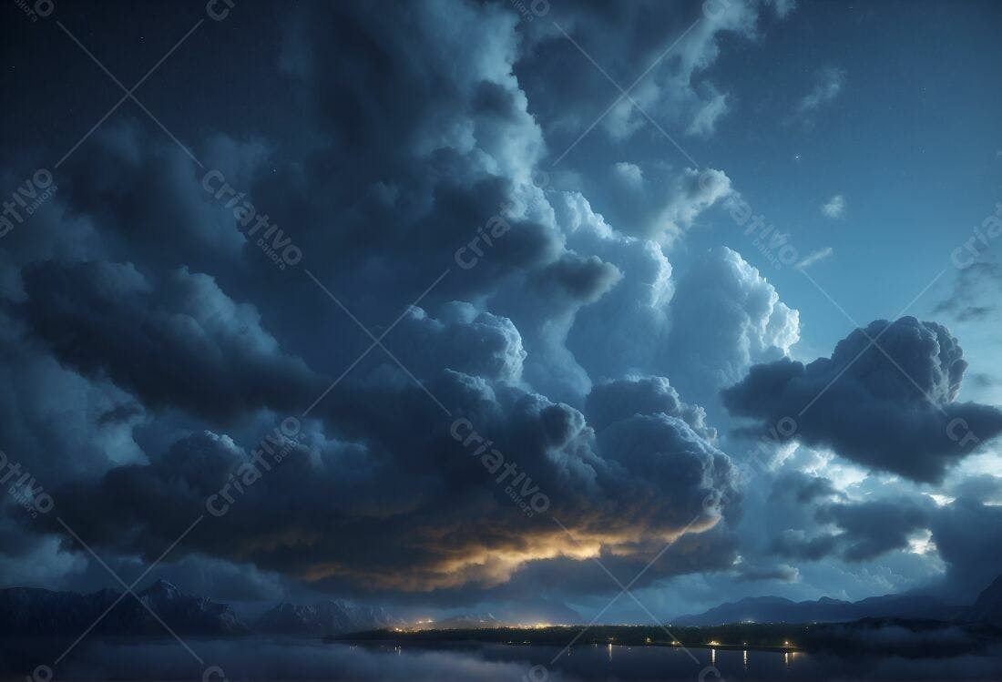Nuvens escuras sobre lago noturno
