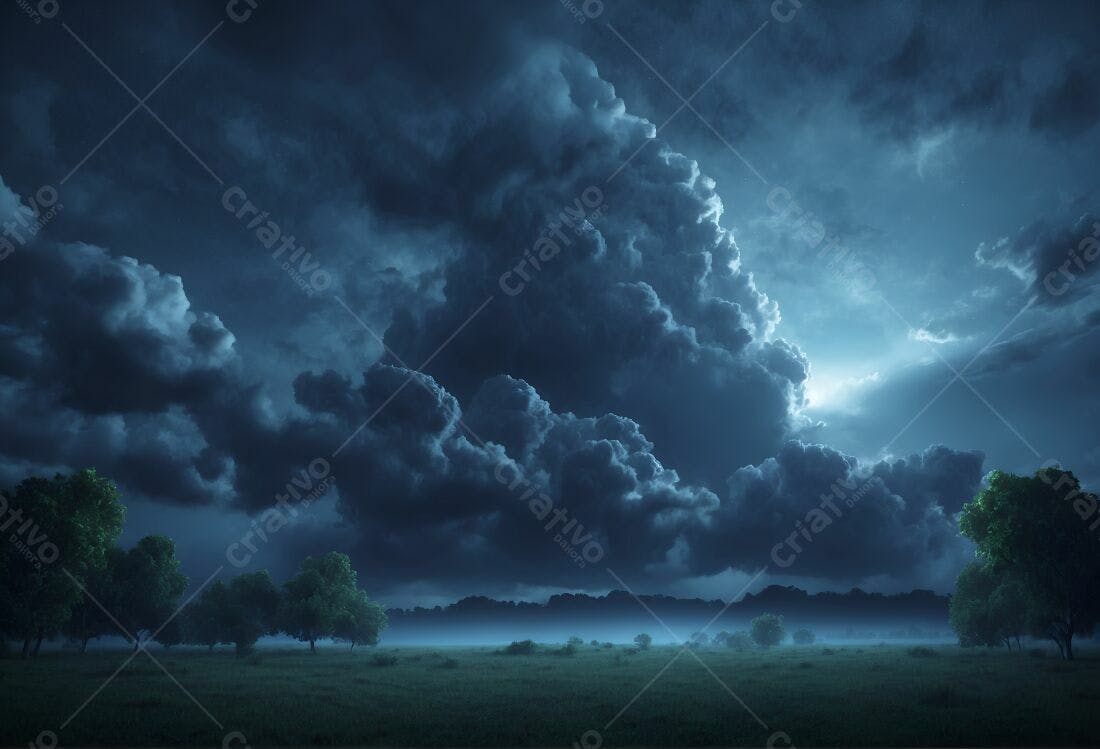 Paisagem noturna com céu dramático e árvores