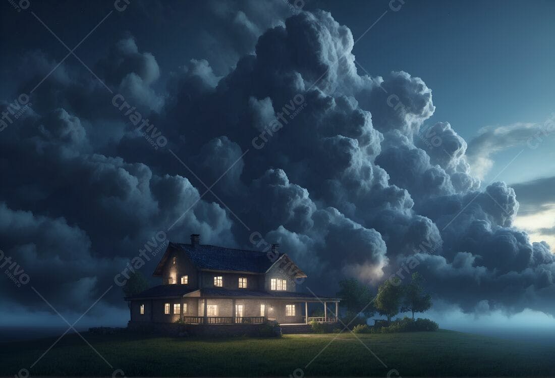 Casa iluminada sob tempestade noturna