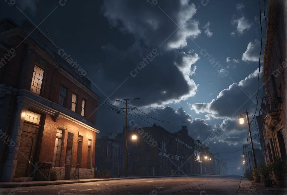 Rua noturna em cidade histórica pré-guerra
