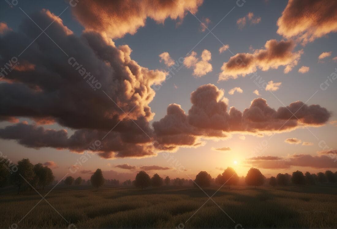 Pôr do sol laranja em campo com árvores