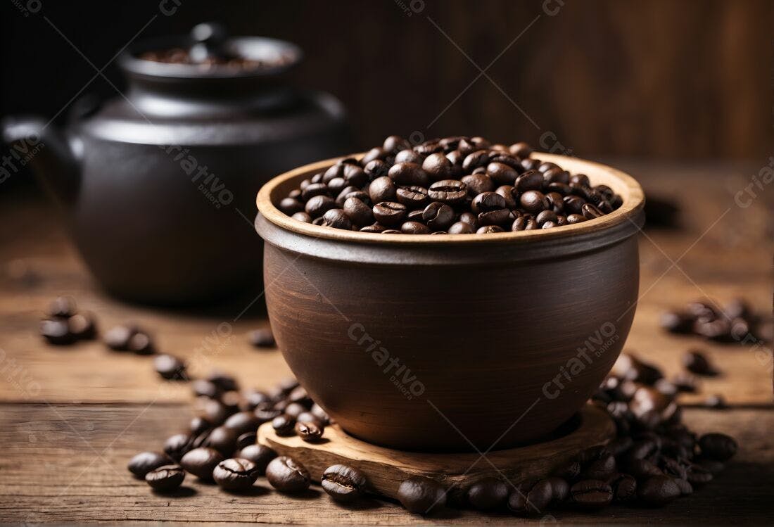 Grãos de café em pote de cerâmica