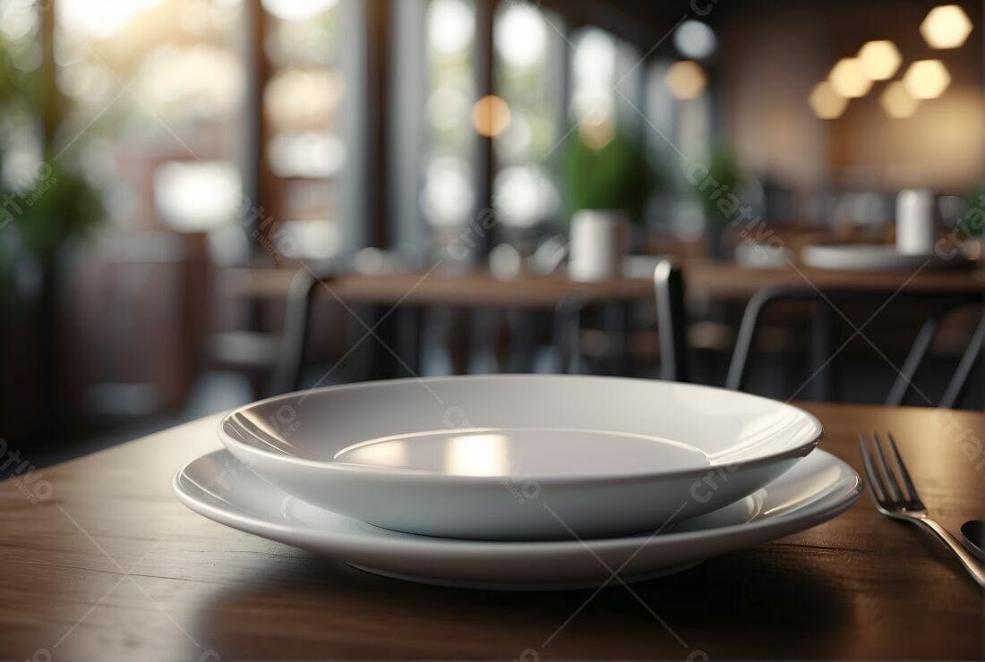 Pratos brancos em mesa de restaurante