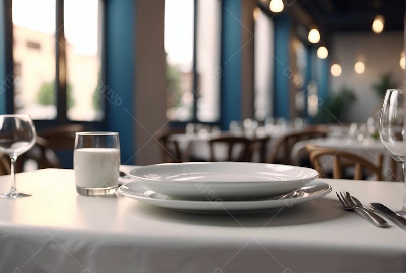 Prato branco vazio na mesa do restaurante taça e copo de leite