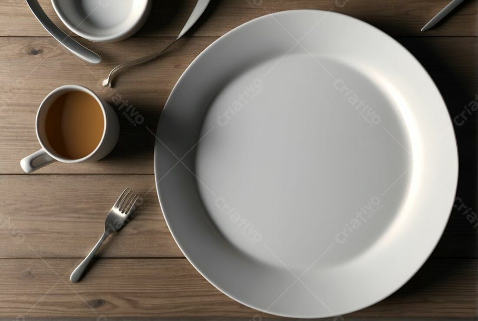 Prato Branco Vazio Na Mesa Do Restaurante Xicara Visão Superior