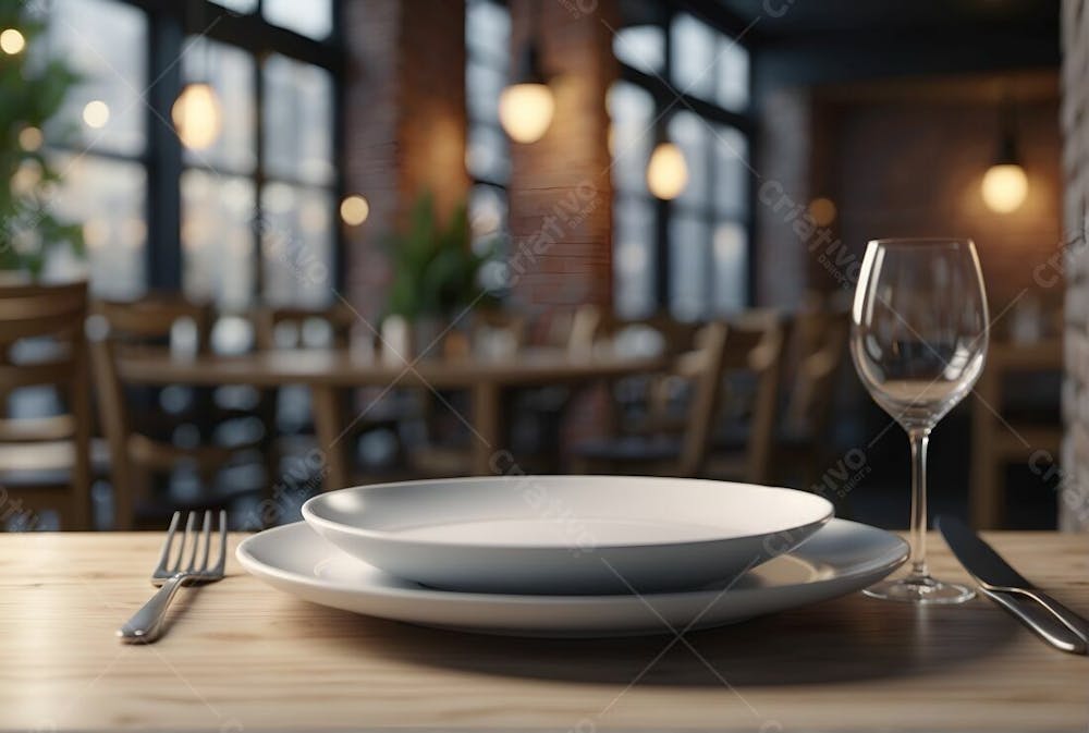 Prato Vazio Branco Na Mesa Do Restaurante E Taça