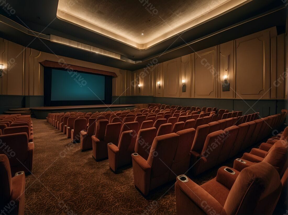 Sala de cinema vazia com poltronas marrons
