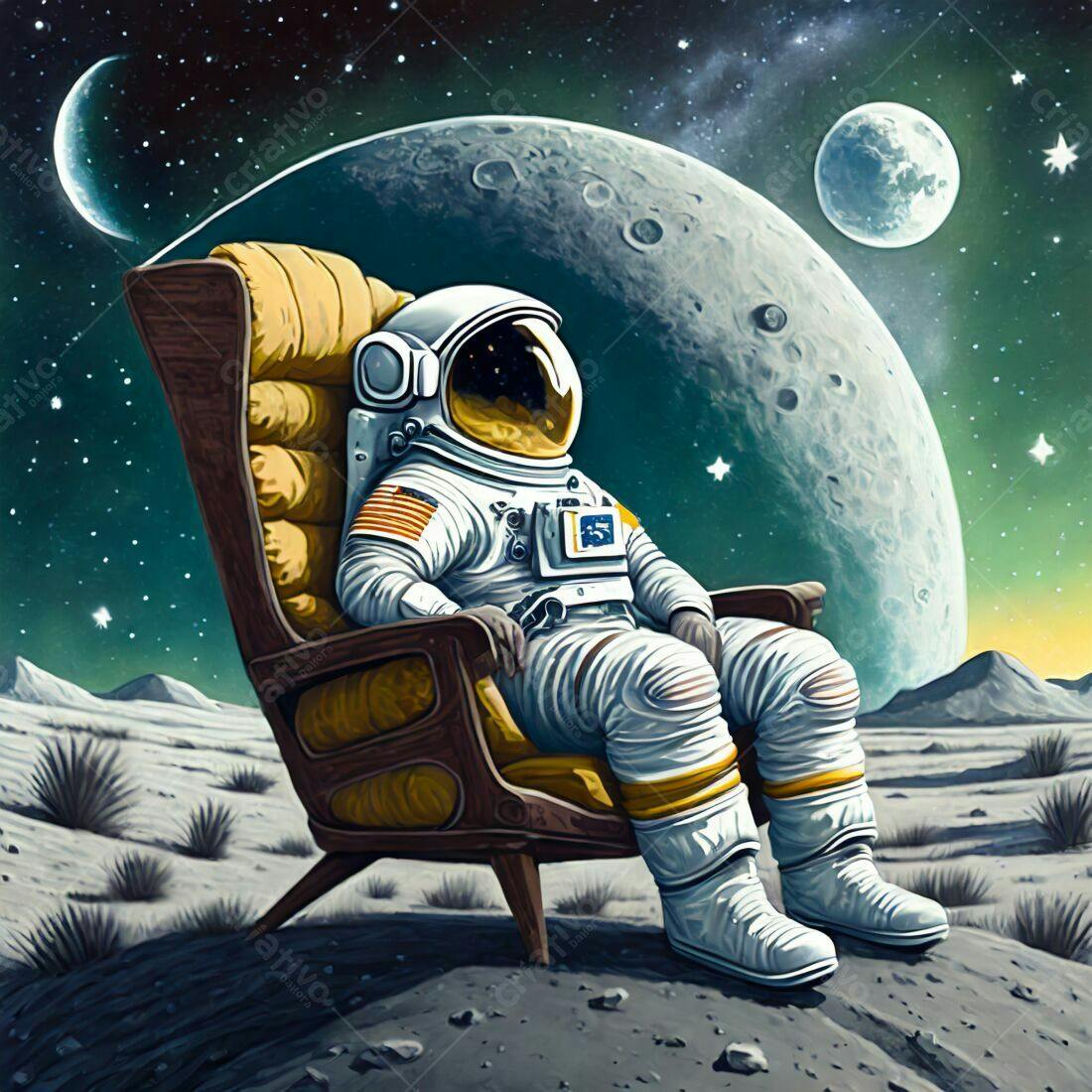 Astronauta relaxando na Lua paisagem noturna