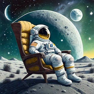 Astronauta sentado em uma poltrona na lua