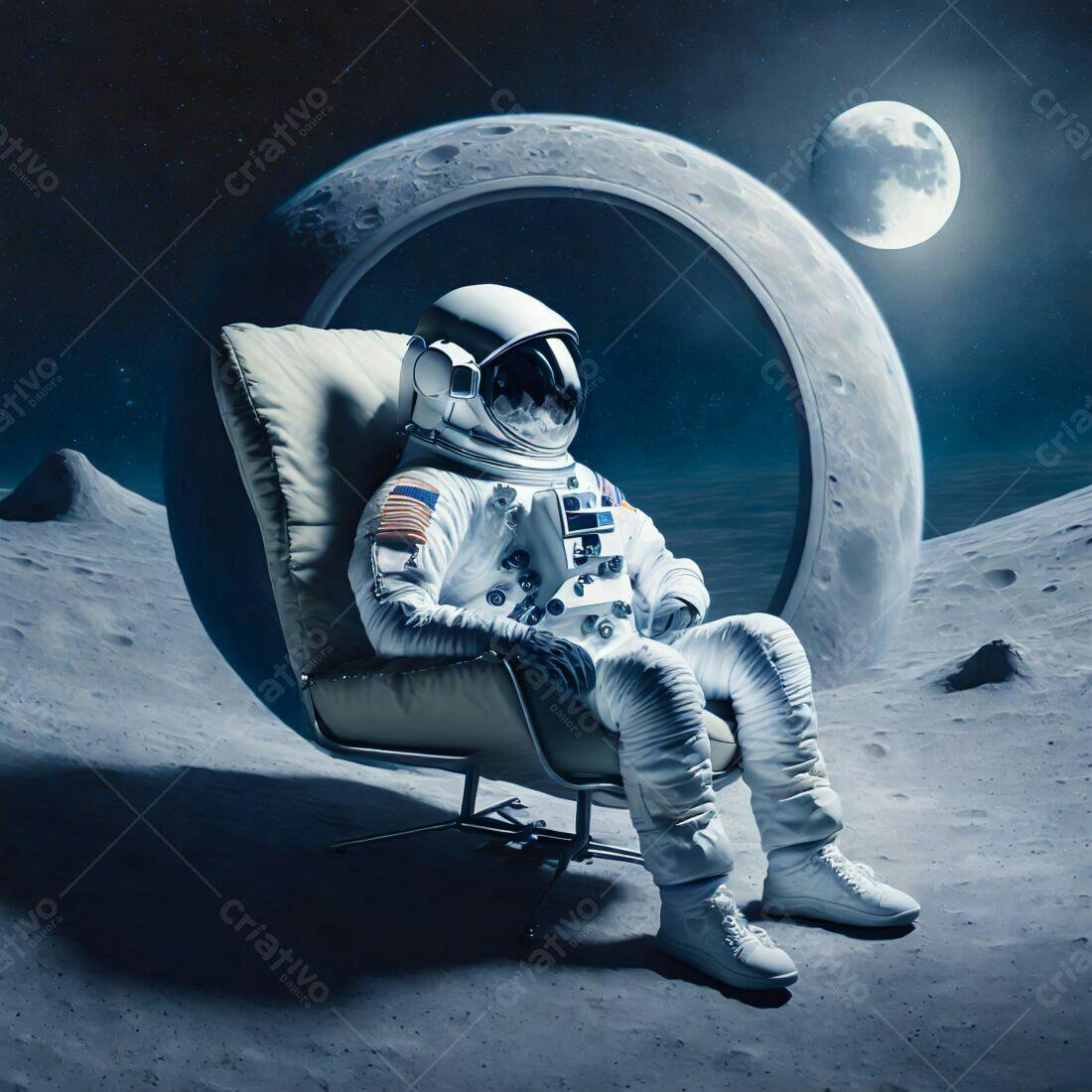 Astronauta relaxando em poltrona na Lua
