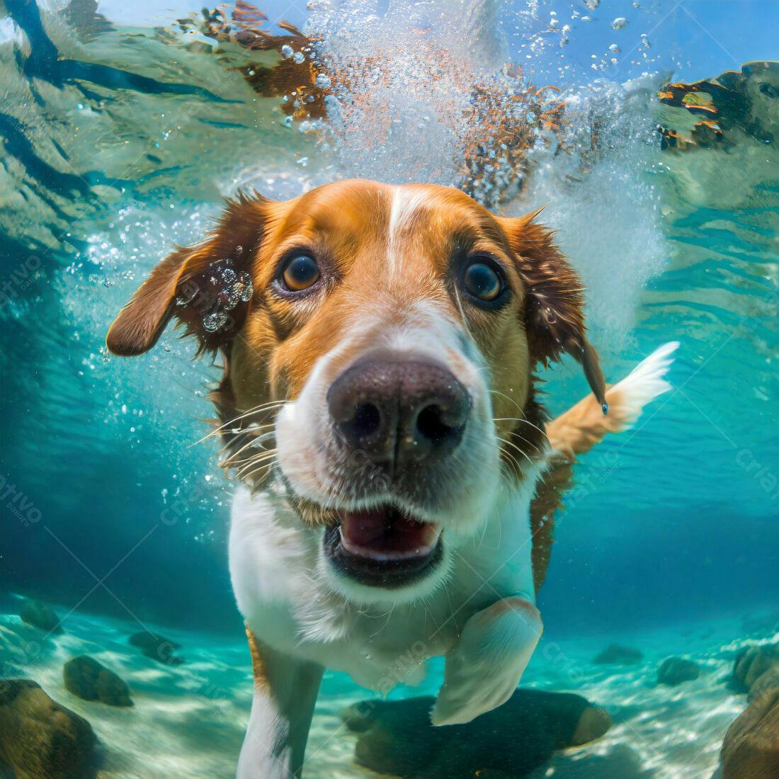 Cachorro nadando em água azul cristalina