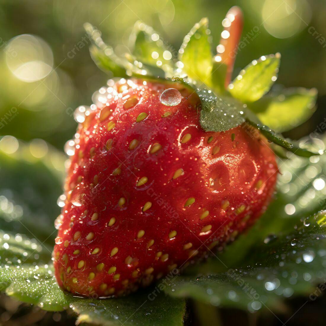 Morango vermelho suculento com gotas de orvalho