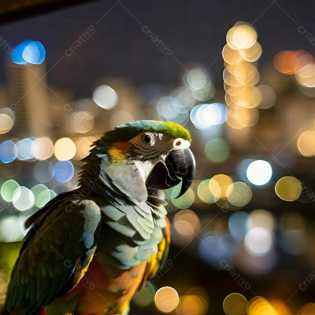 Arara-azul-e-amarela noturna em cidade iluminada