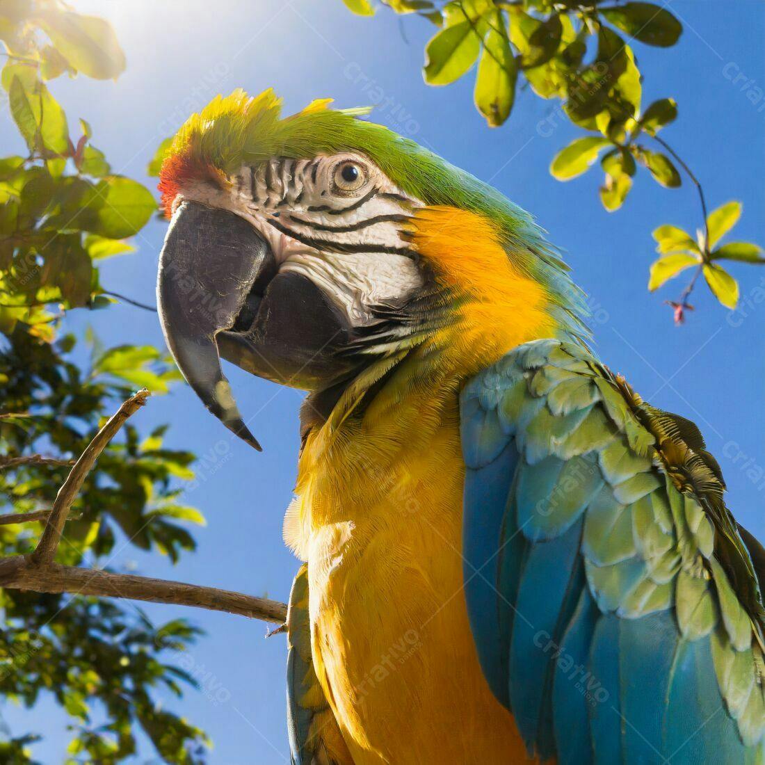 Arara-Azul-e-Amarela em árvore sob sol brilhante