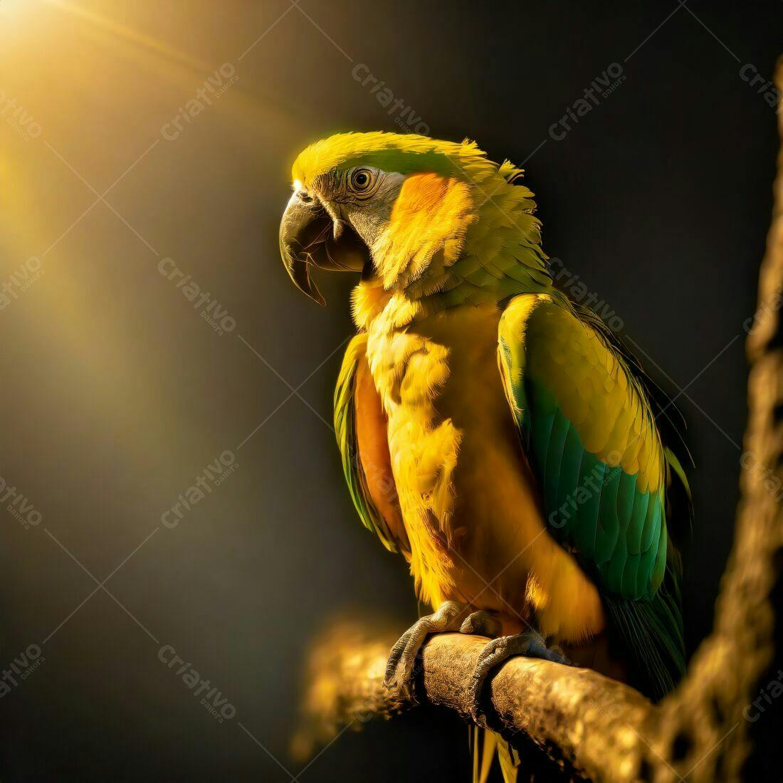 Arara-amarela em galho iluminado pelo sol