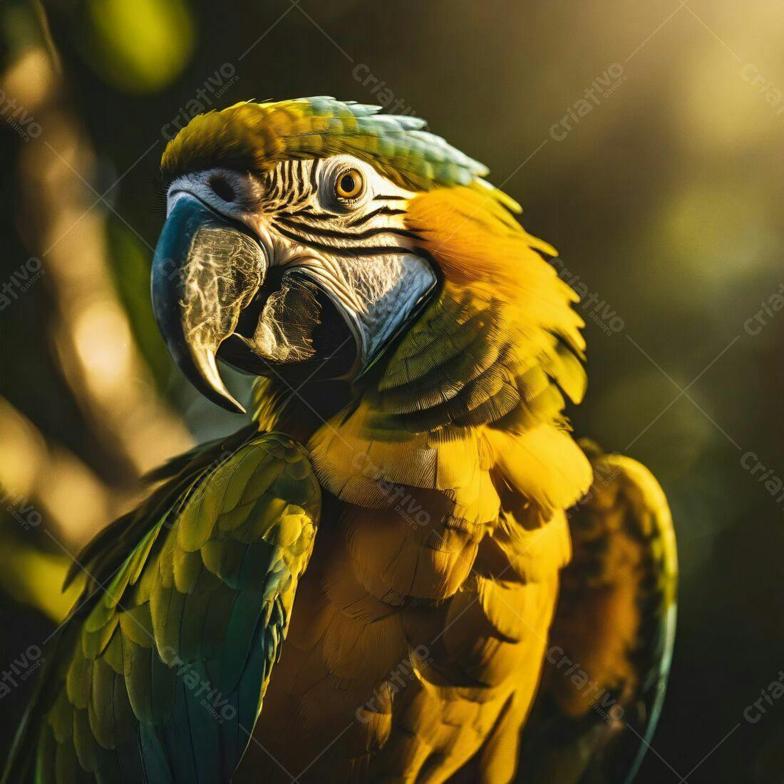 Arara-amarela em close sob luz dourada