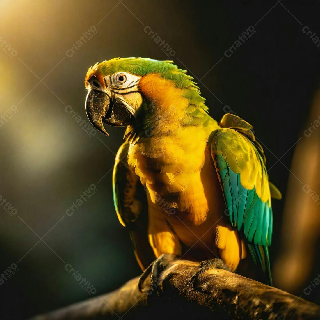 Arara-amarela em galho iluminado
