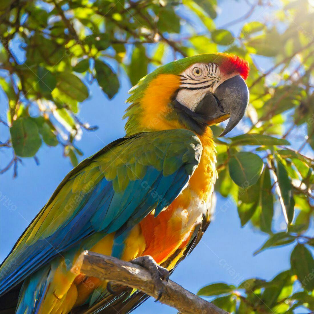 Arara-azul-e-amarela em galho de árvore