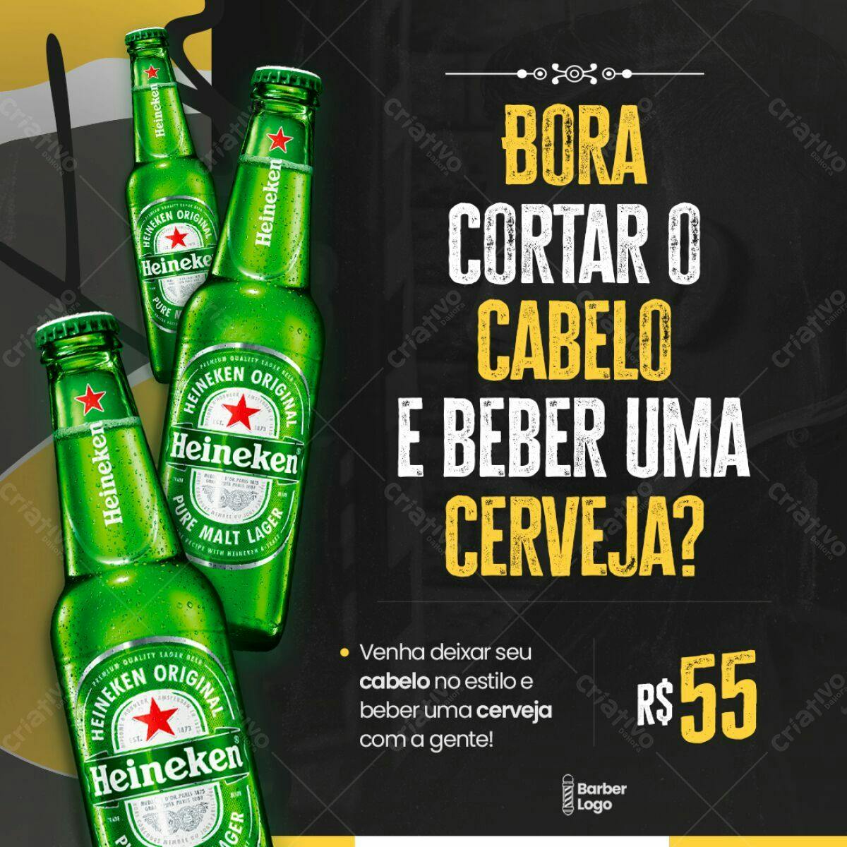 Flyer Barbearia com Cerveja Heineken PSD Editável