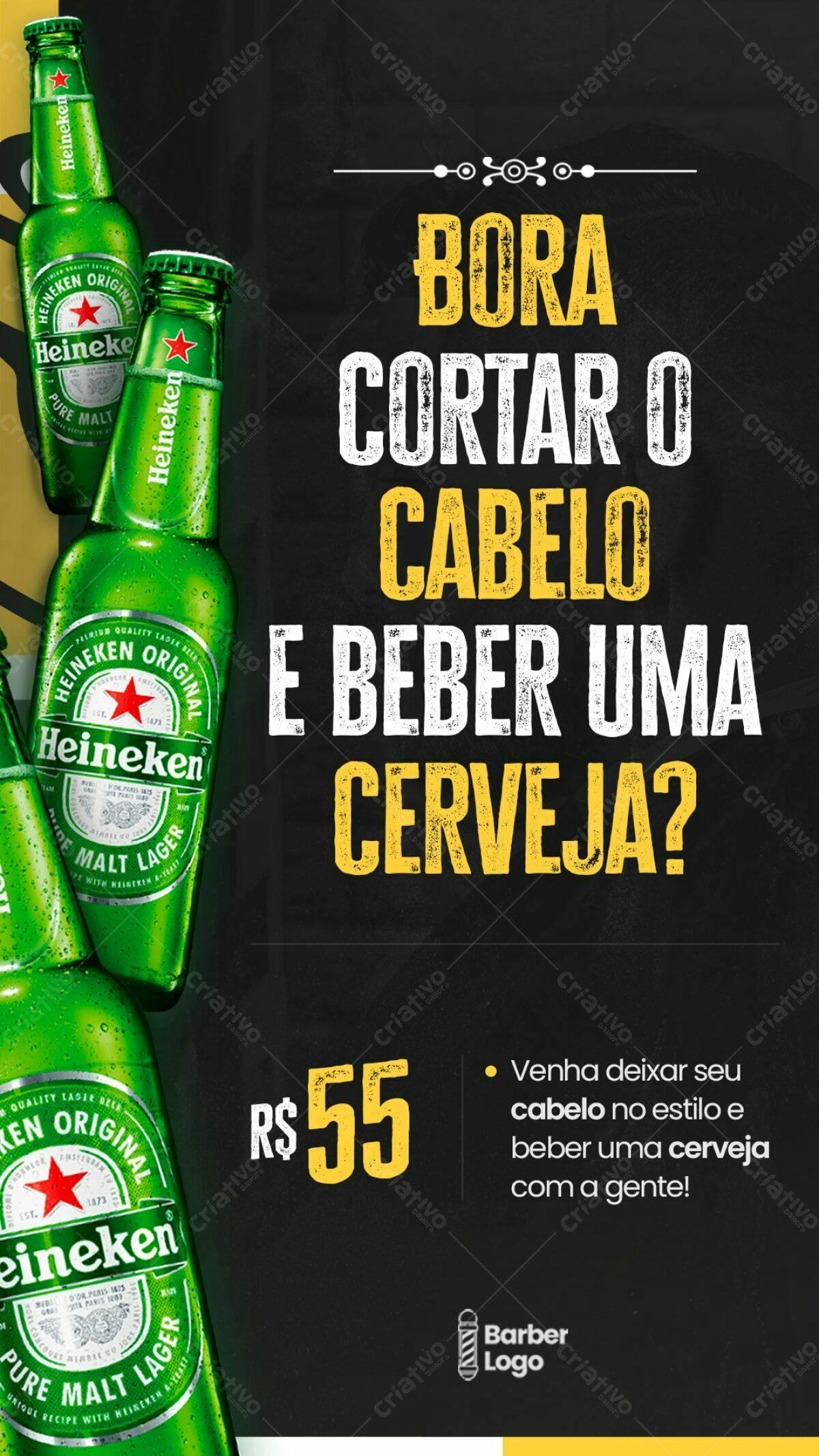 Flyer Promoção Barbearia com Cerveja Heineken PSD Editável