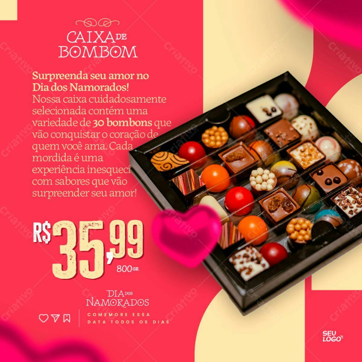 Flyer Dia dos Namorados Caixa de Bombons PSD Editável