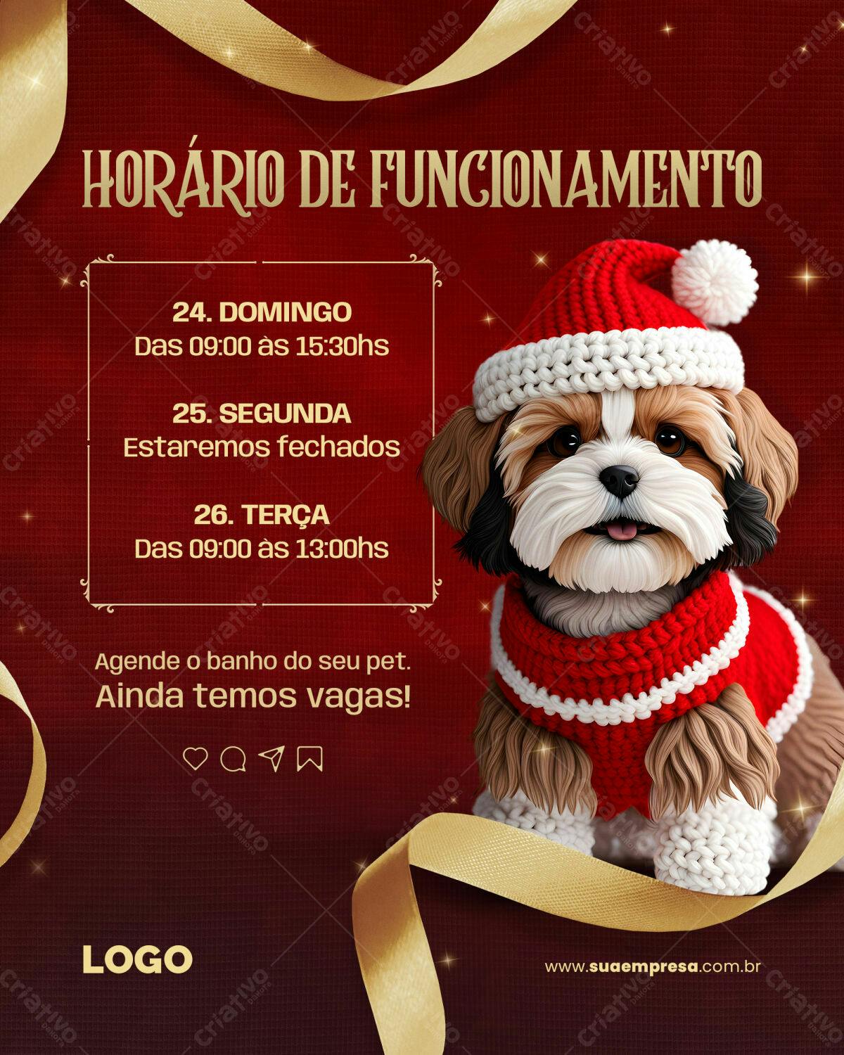 Flyer de Horário de Funcionamento Natalino para Pet Shop PSD Editável