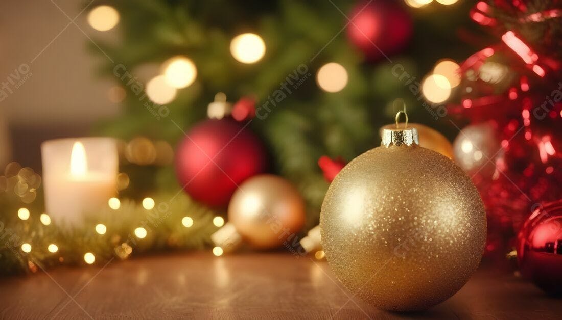 Enfeite dourado Natal mesa madeira