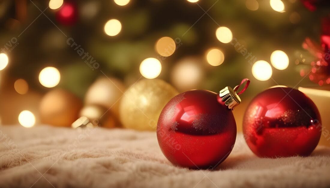 Enfeites vermelhos Natal sobre fundo de luzes