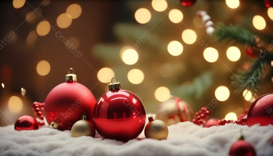 Enfeites vermelhos e dourados em neve Natal